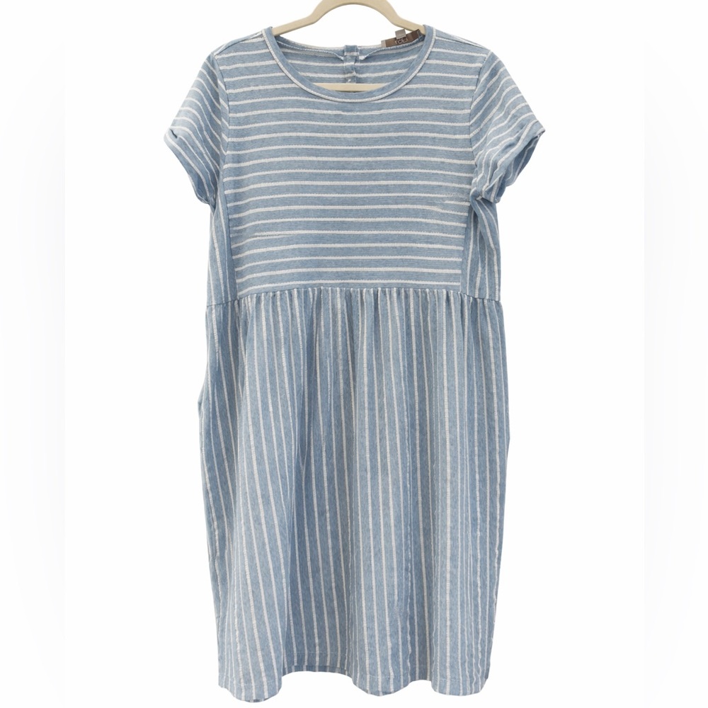 NWOT LOFT Blue & White Striped Midi Dress Short Sleeve Pockets Size L